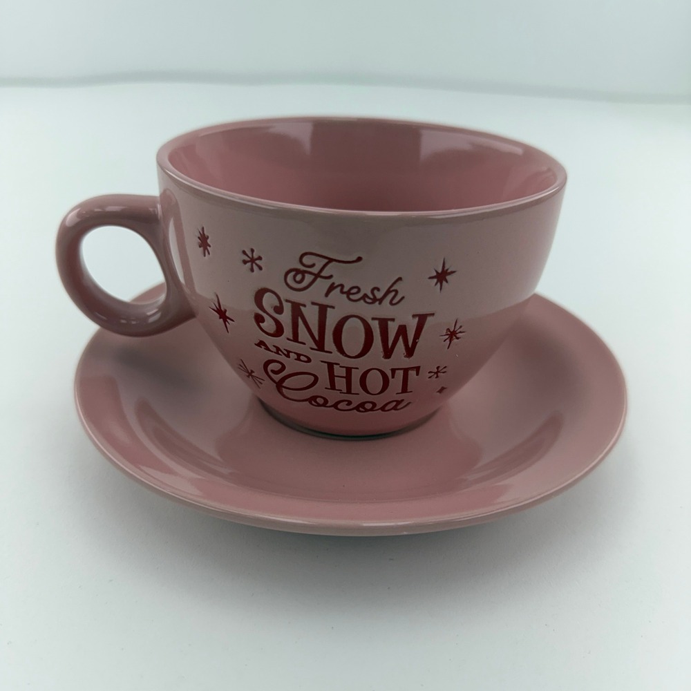 Sleigh Bell Bistro Pink Fresh Snow and Hot Cocoa Ceramic Cup and Saucer Set - Picture 6 of 6